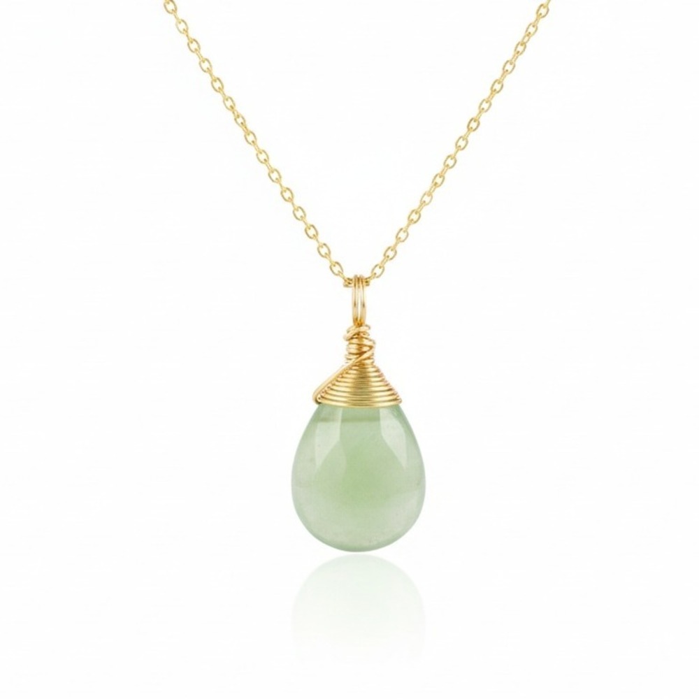 Elegant Gold‎ Teardrop Green Phrenite Gemstone Wire Wrapped Pendant Necklace